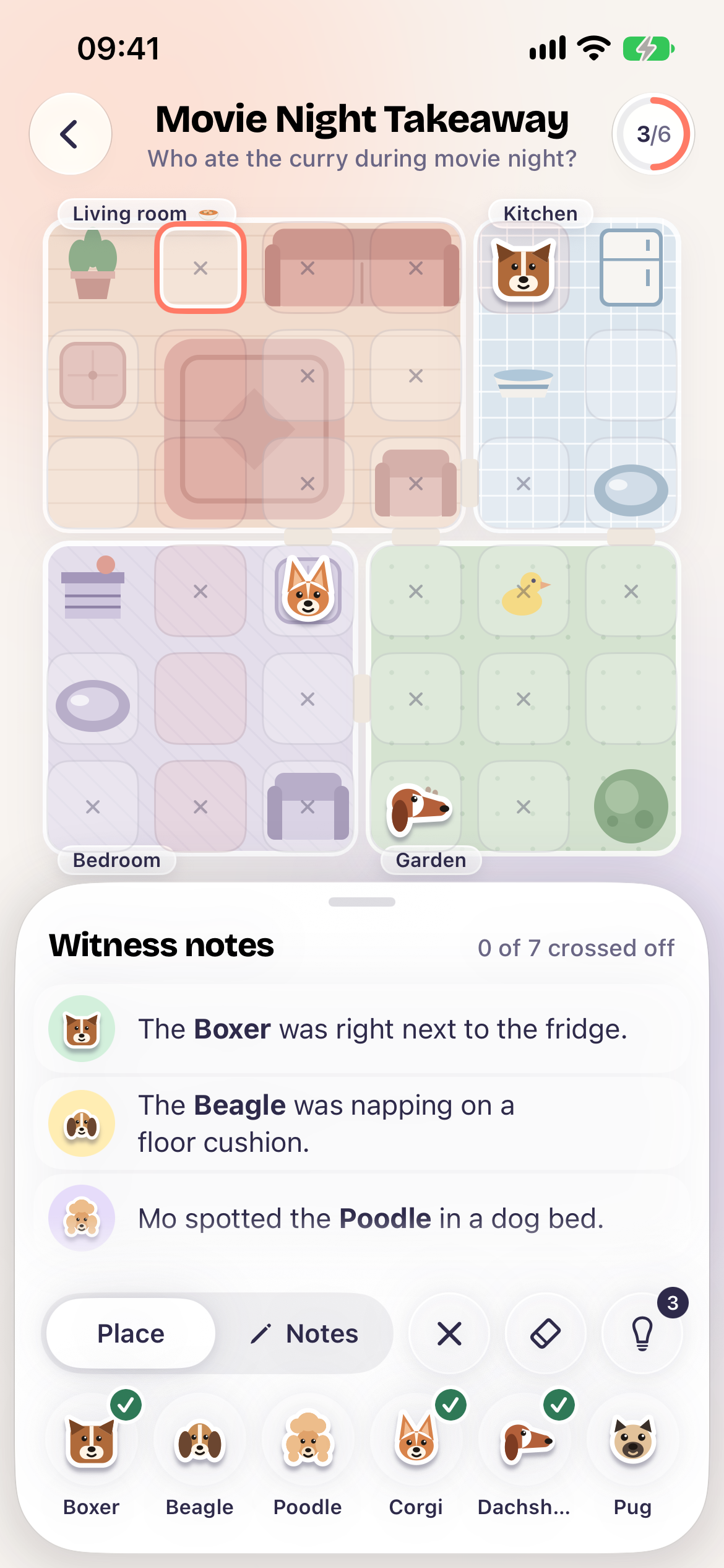 Whodoggit on iPhone: the case “Movie Night Takeaway”, a house with living room, kitchen, bedroom and garden, three dogs placed, and the witness notes below.