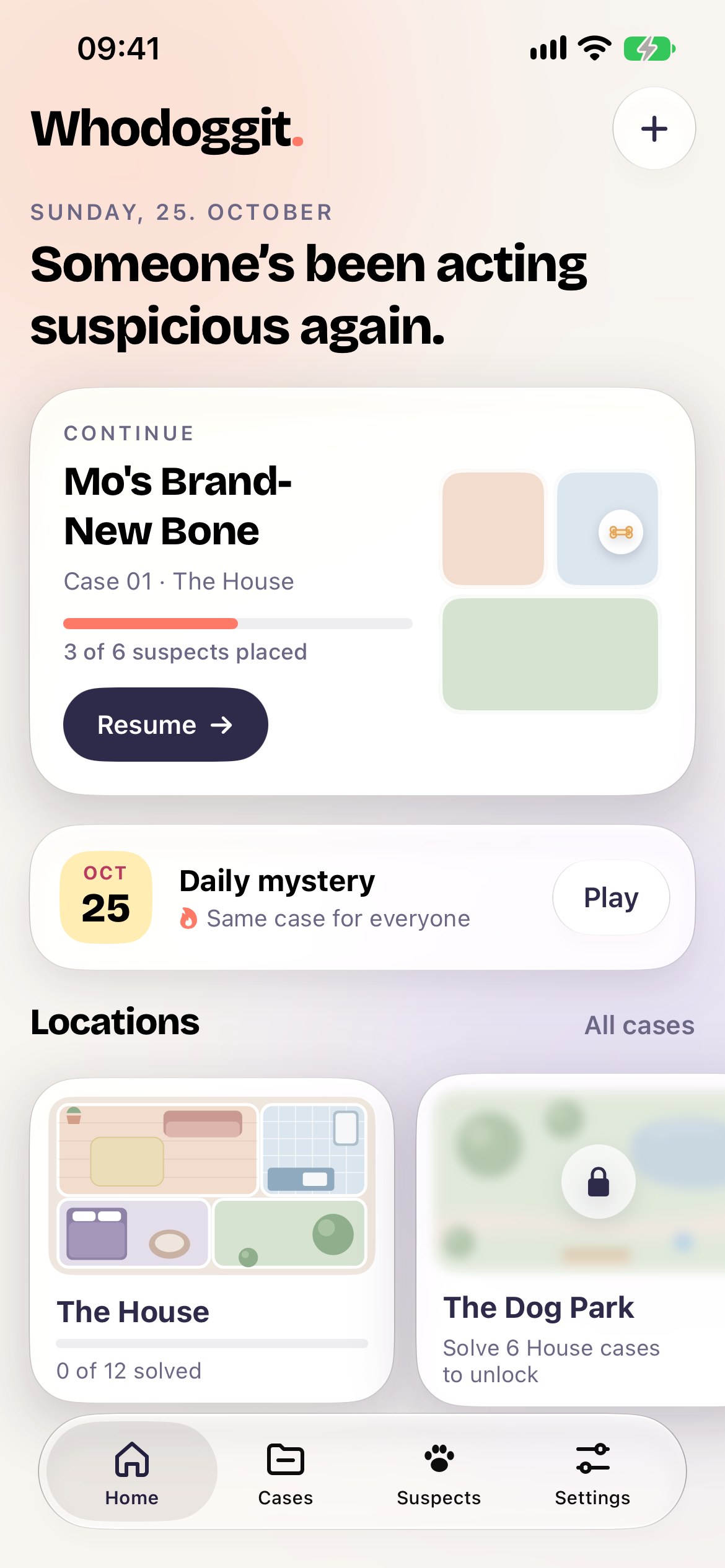The home screen with the next case, the daily mystery and the locations.